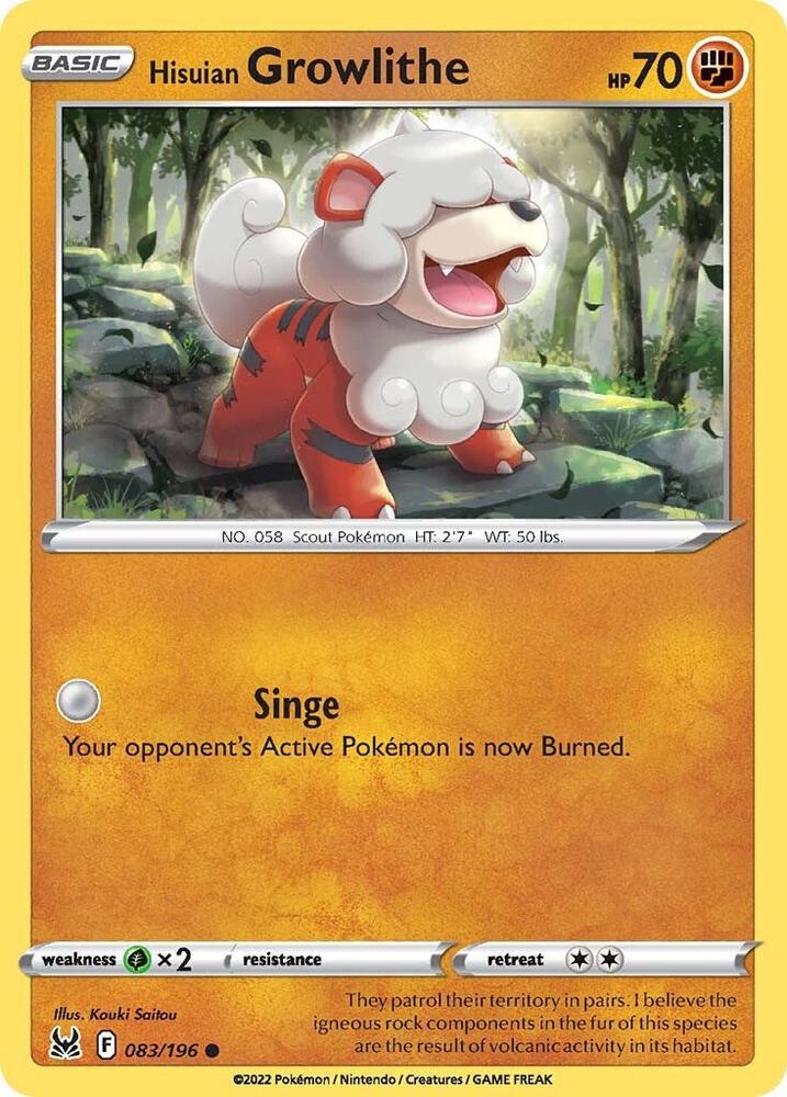 Pokemon SWSH11: Lost Origin Hisuian Growlithe 083/196 Common Near Mint