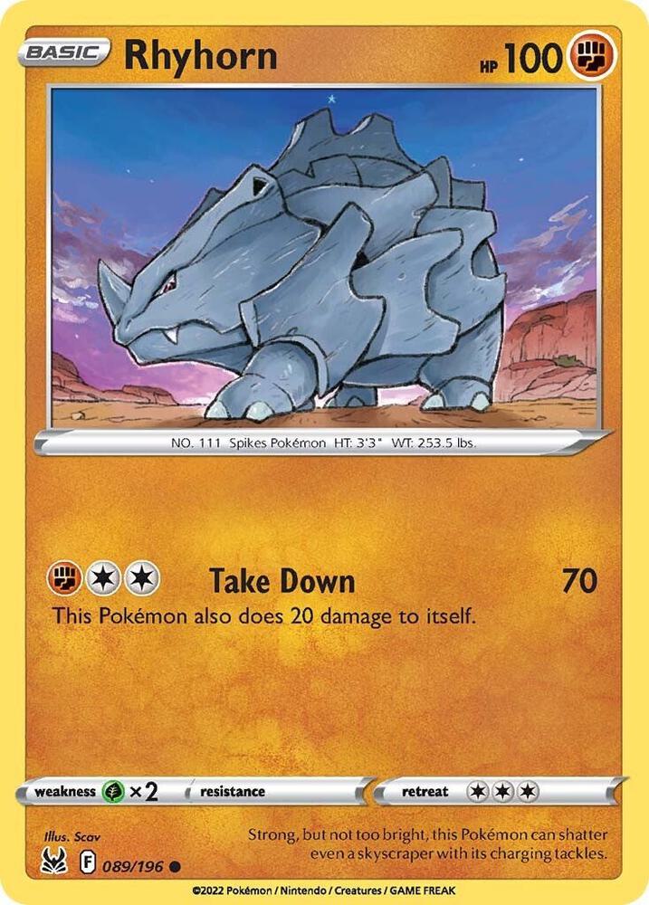 Pokemon SWSH11: Lost Origin Rhyhorn 089/196 Common Near Mint