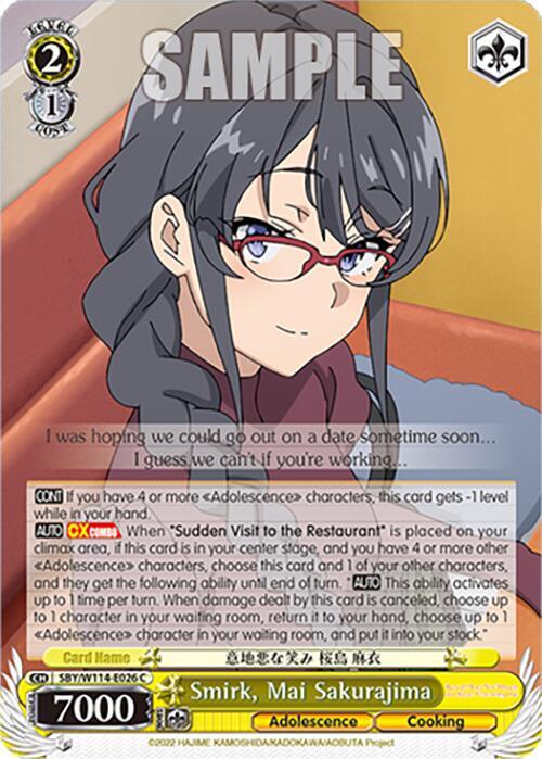Weiss Schwarz Rascal Does Not Dream Series Smirk, Mai Sakurajima SBY/W114-E026 C Common Near Mint