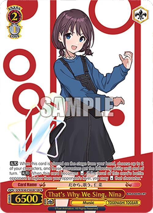 Weiss Schwarz Girls Band Cry Premium Booster That's Why We Sing, Nina (GBCR) GCR/SE48-E36GBC GBCR Girls Band Cry Rare Near Mint