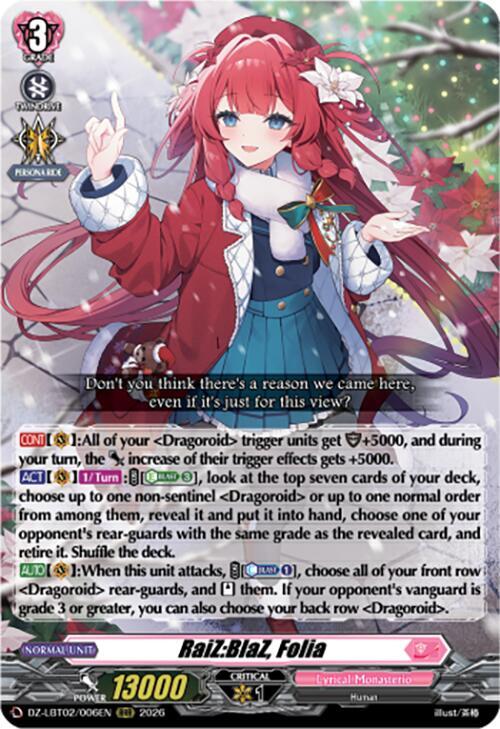 Cardfight Vanguard DZ-LBT02: Lyrical Monasterio Season of Wonders RaiZ:BlaZ, Folia DZ-LBT02/006EN RRR Near Mint