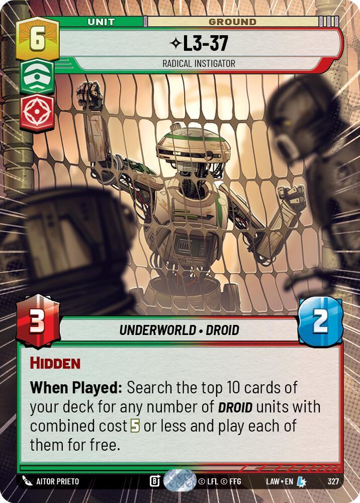 Star Wars: Unlimited A Lawless Time L3-37 - Radical Instigator (Hyperspace) 327 Legendary Near Mint