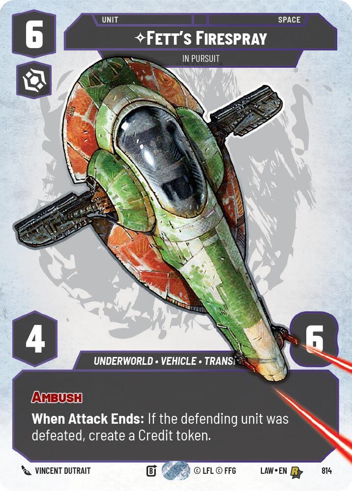 Star Wars: Unlimited A Lawless Time Fett's Firespray - In Pursuit (Prestige) 814 Rare Near Mint