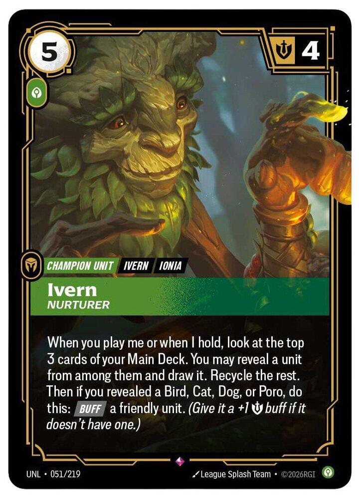 Riftbound: League of Legends Trading Card Game Unleashed Ivern - Nurturer 051/219 Rare Near Mint Foil