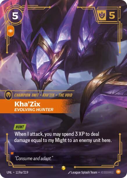 Riftbound: League of Legends Trading Card Game Unleashed Kha'Zix - Evolving Hunter (Alternate Art) 119a/219 Showcase Near Mint Foil