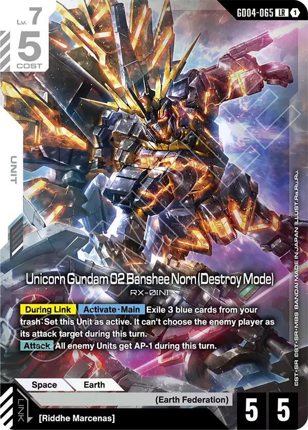 Gundam Card Game Phantom Aria Unicorn Gundam 02 Banshee Norn (Destroy Mode) GD04-065 Legend Rare Near Mint Holofoil