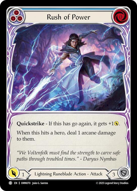 Flesh and Blood TCG Omens of the Third Age Rush Of Power (Blue) #OMN070 Common Near Mint Rainbow Foil