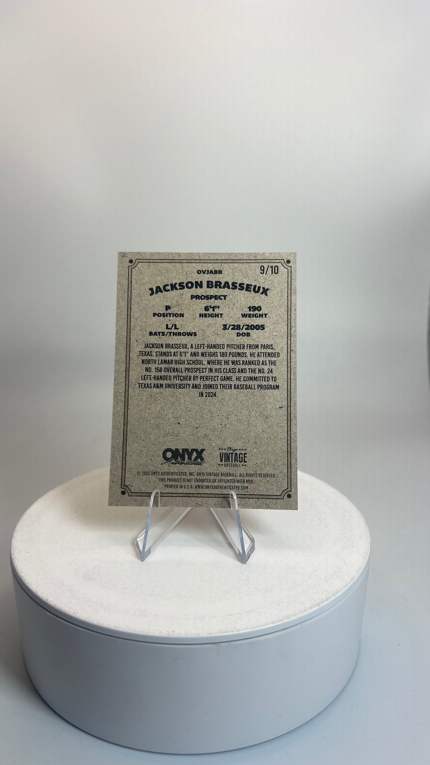 2025 Onyx Vintage Baseball - Jackson Brasseux Black 9/10 Card# OVJABR
