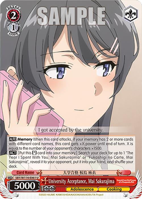 Weiss Schwarz Rascal Does Not Dream Series University Acceptance, Mai Sakurajima SBY/W114-E061 U Uncommon Near Mint
