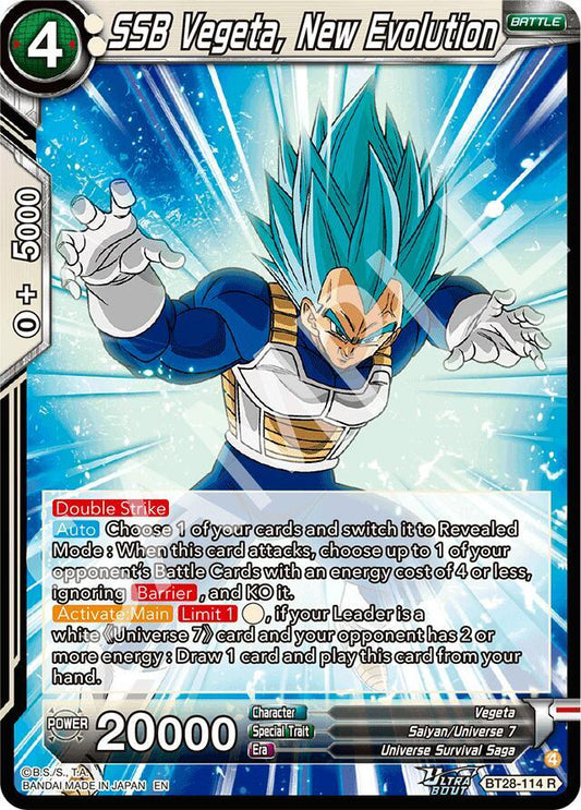 Dragon Ball Super CCG Prismatic Clash SSB Vegeta, New Evolution BT28-114 Rare Near Mint Foil