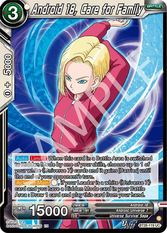 Dragon Ball Super CCG Prismatic Clash Android 18, Care for Family BT28-119 Uncommon Near Mint Foil