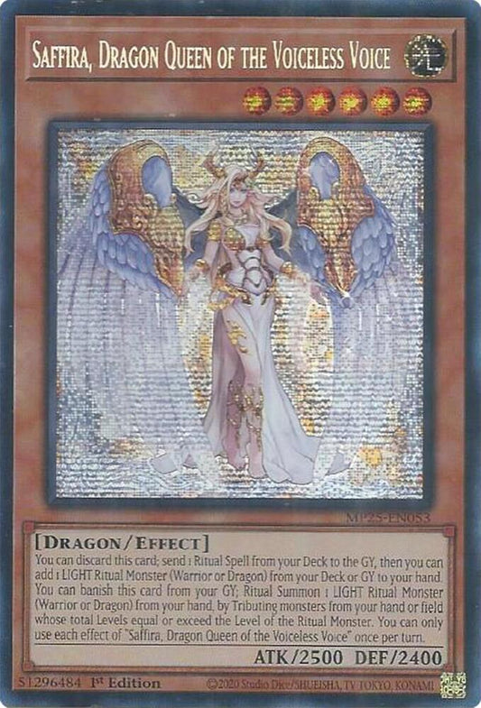 YuGiOh Cards 2025 Mega-Pack Saffira, Dragon Queen of the Voiceless Voice MP25-EN053 Prismatic Secret Rare
