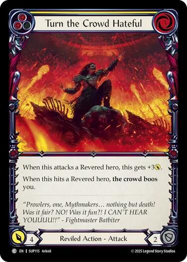 Flesh & Blood TCG Super Slam Turn the Crowd Hateful (Yellow) SUP115 Common Near Mint Rainbow Foil