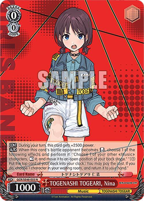 Weiss Schwarz Girls Band Cry Premium Booster TOGENASHI TOGEARI, Nina GCR/SE48-E03 N Normal Near Mint
