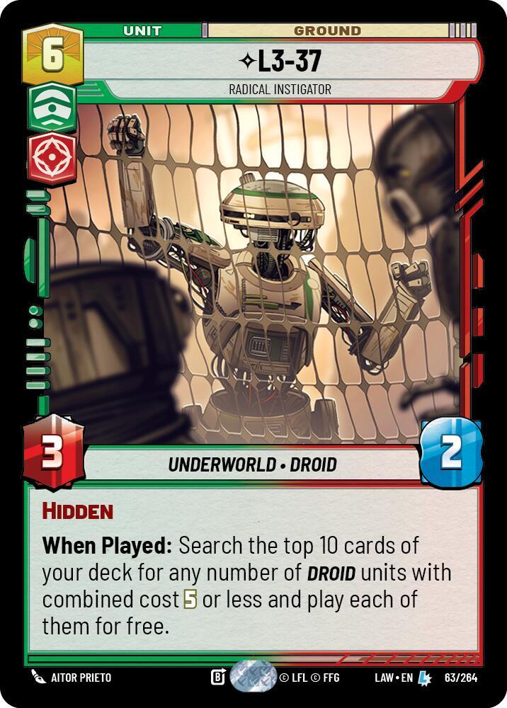 Star Wars: Unlimited A Lawless Time L3-37 - Radical Instigator 63/264 Legendary Near Mint