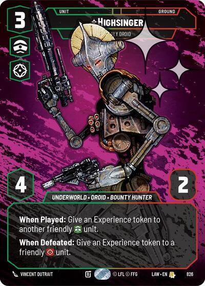 Star Wars: Unlimited A Lawless Time Highsinger - Deadly Droid (Prestige Foil) 826 Rare Near Mint Foil
