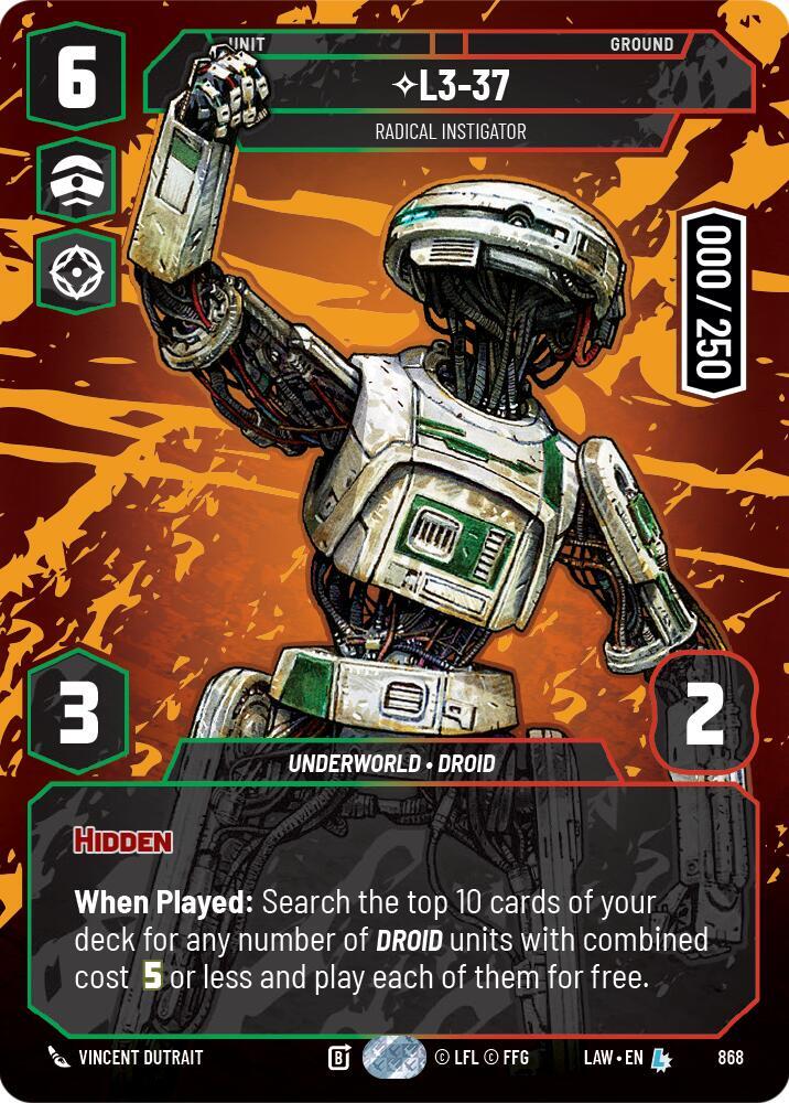 Star Wars: Unlimited A Lawless Time L3-37 - Radical Instigator (Serialized) 868 Legendary Near Mint Foil