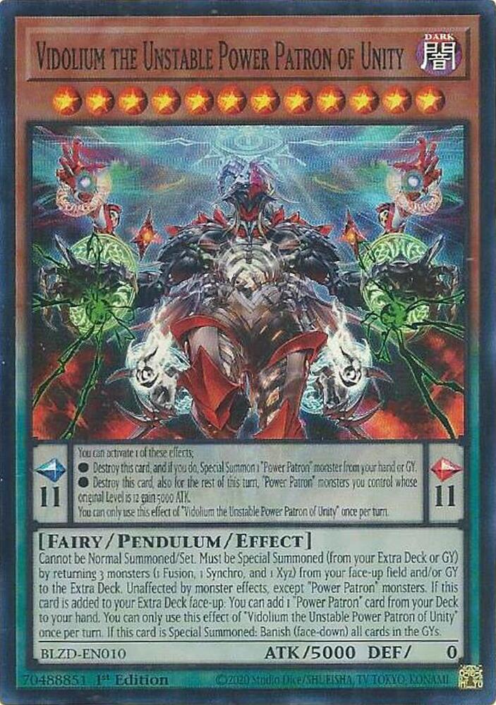 YuGiOh Blazing Dominion Vidolium the Unstable Power Patron of Unity BLZD-EN010 Super Rare Near Mint 1st Edition