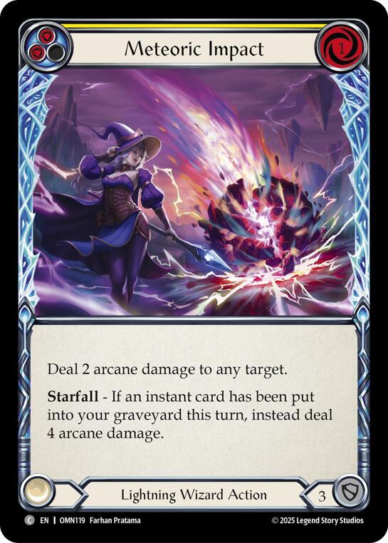 Flesh and Blood TCG Omens of the Third Age Meteoric Impact (Yellow) #OMN119 Common Near Mint Rainbow Foil