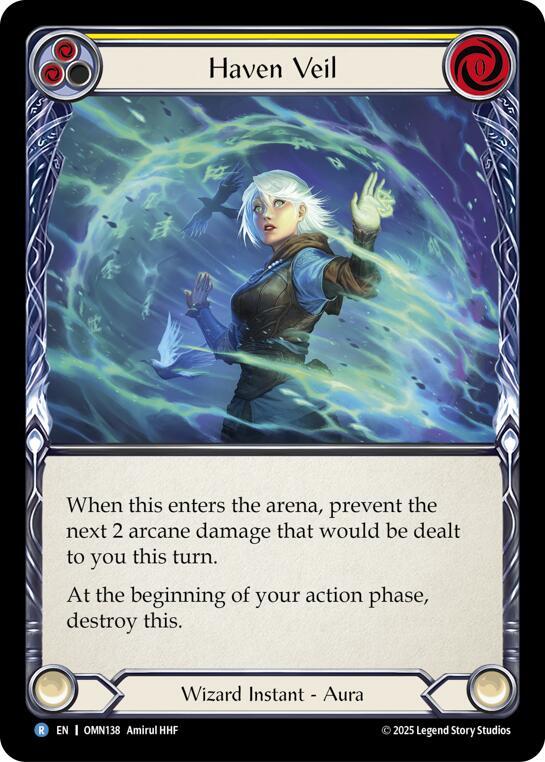 Flesh and Blood TCG Omens of the Third Age Haven Veil (Yellow) #OMN138 Rare Near Mint Rainbow Foil