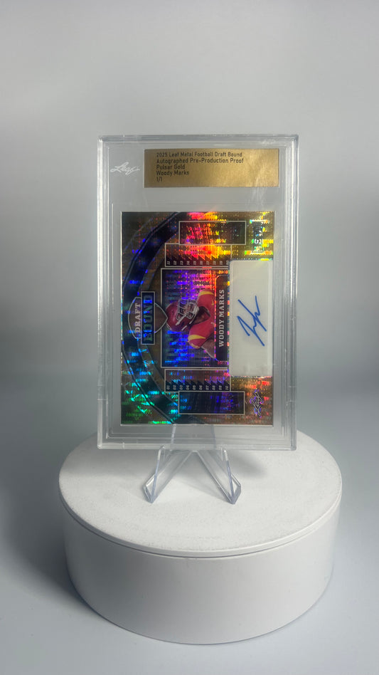 2025 Leaf Metal Draft Bound - Woody Marks AUTO 1/1 Pulsar Gold Pre-Production Proof (Slabbed)